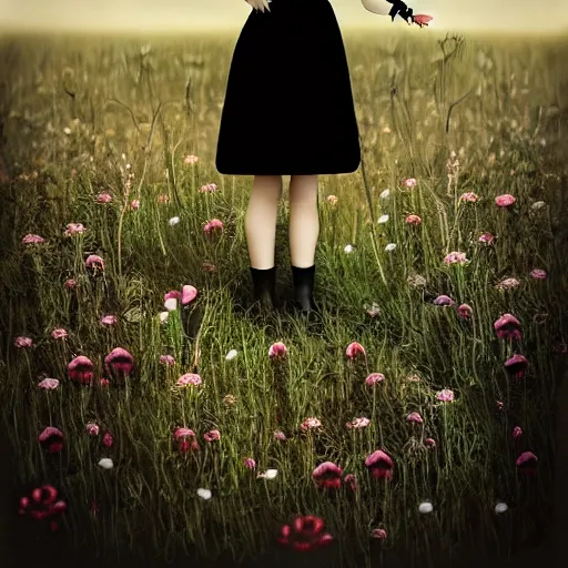 Prompt: a girl standing in a field, alone, wearing black dress and hat, doll in hand, detailed hands, by andrea kowch, dark, scene, magic realism, flowers