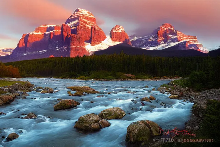 Image similar to an epic landscape painting of the three sisters mountains in canada, with snow on its peak, at sunrise in springtime, with the bow river in the foreground, painted by x, atmospheric, volumetric lighting, rolling fog, breathtaking, highly detailed, painted by ted nasmith