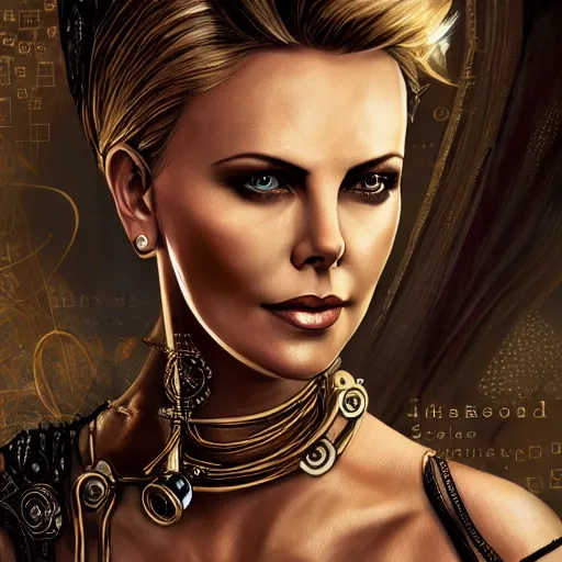 Image similar to beautiful Charlize Theron, perfect face and body, in detailed steampunk dress, smooth, sharp focus, illustration, realistic, cinematic, artstation, gold, ornate, award winning, original modern artwork, set on H. R. Giger aesthetic, rgb ethereal lighting,8k