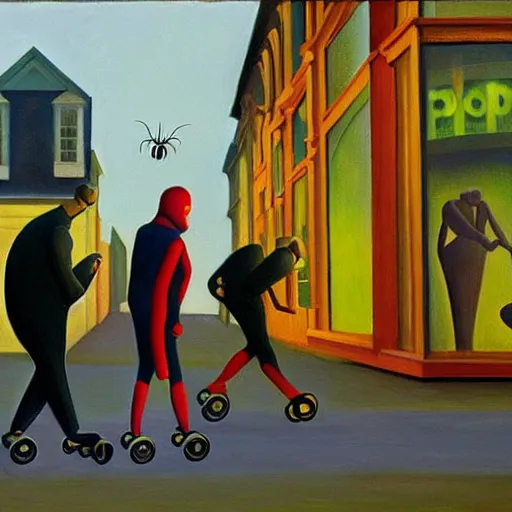 Image similar to spiders on rollerblades, grant wood, pj crook, edward hopper, oil on canvas