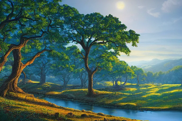 Image similar to masterpiece painting of oak trees on a hillside overlooking a creek, dramatic lighting, by dan mumford