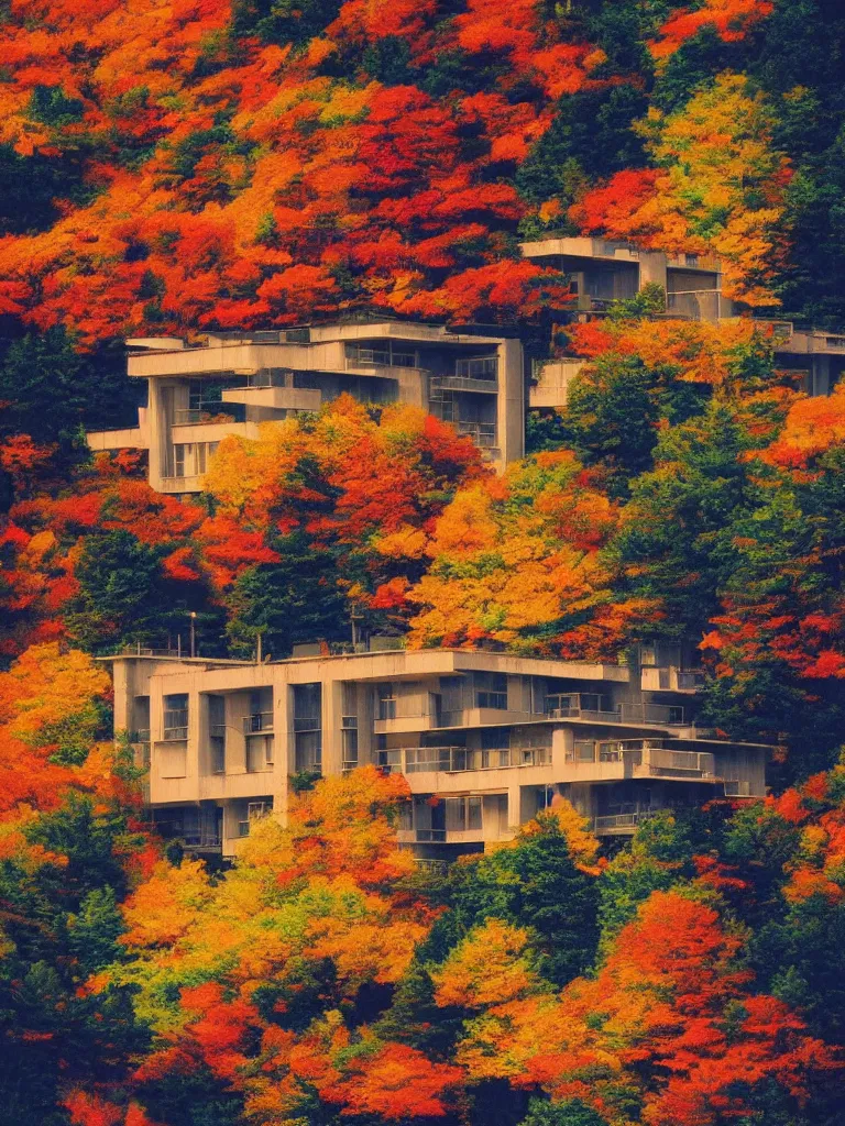 Image similar to a psychedelic hallucination of a brutalist hotel in the autumn mountains, by kawase hasui, moebius, edward hopper, colorful flat surreal design, dramatic lighting, hd, 8 k, artstation