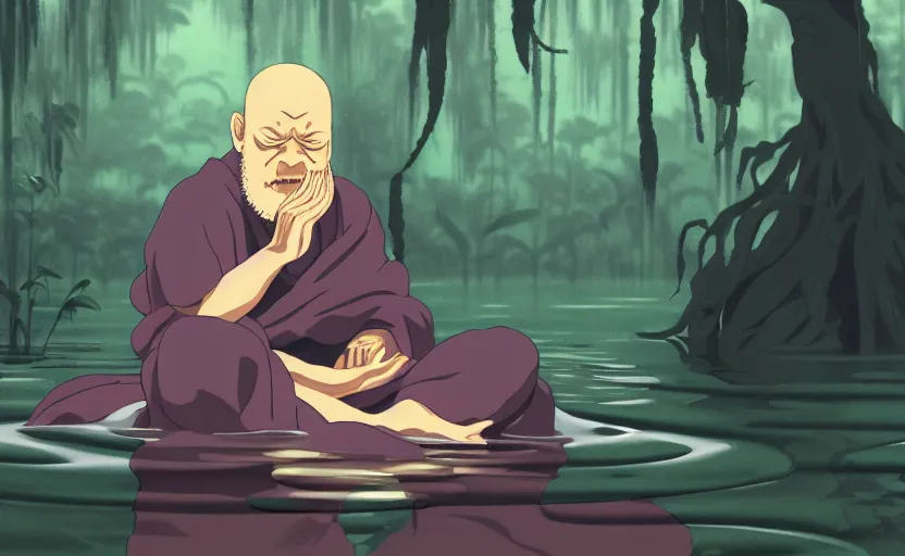 Prompt: a film still portrait of a mauve old monk meditating inside in a flooded temple jungle. finely detailed features, closeup at the faces, chronenberg, perfect art, grimdark, trending on pixiv fanbox, painted by studio ghibli