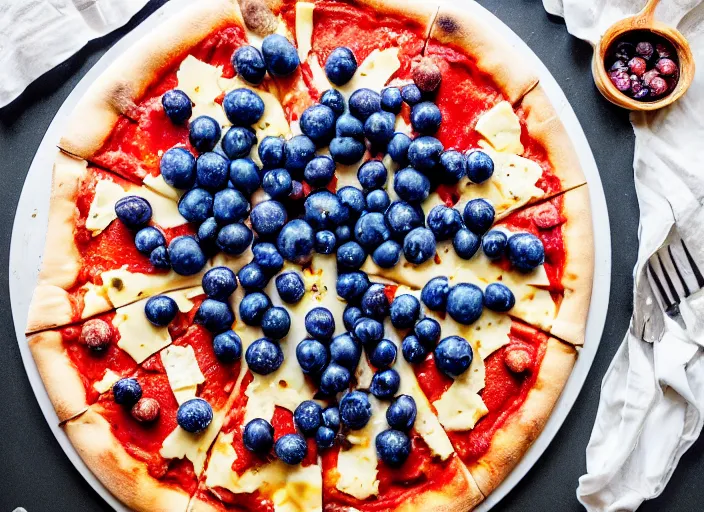 Prompt: A delicious plate of a big pizza with small blueberries on, extra cheese, close up food photography, studio lighting, Sigma 35mm f/1.4