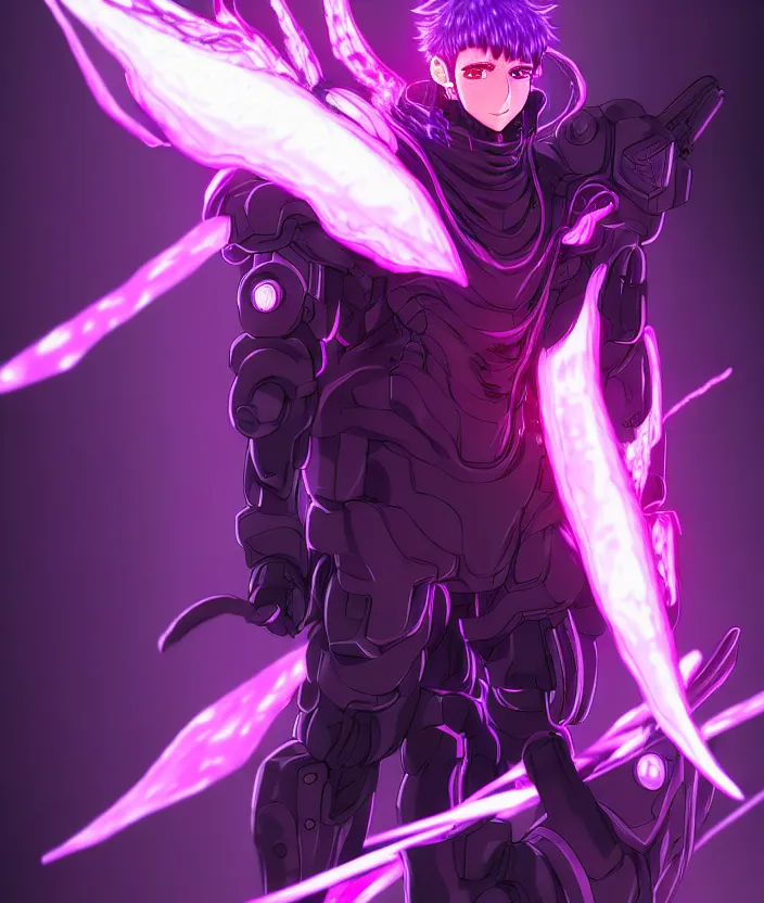 Image similar to a detailed manga illustration character full body portrait of a dark haired cyborg anime man wreathed in purple fire, trending on artstation, digital art, 4 k resolution, detailed, high quality, sharp focus, hq artwork, insane detail, concept art, character concept, character illustration, full body illustration, cinematic, dramatic lighting