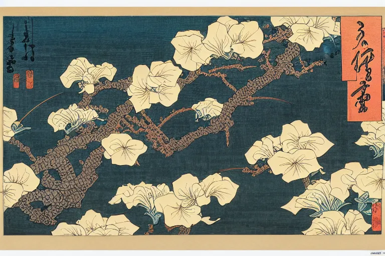 Image similar to a beautiful and hyperdetailed ukiyo - e drawing of a composition with tangled irises by katsushika hokusai, in style by utagawa kuniyoshi and utagawa hiroshige, japanese print art, intricate, elegant, complex, illustration, clean 4 k