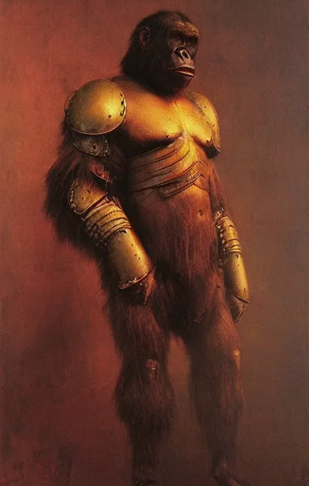 Image similar to tribal ape warrior in tribal armor, beksinski, ruan jia,