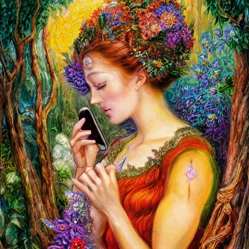 Image similar to a nature goddess checking her cell phone by senior concept artist josephine wall, acrylic on canvas, intricately detailed