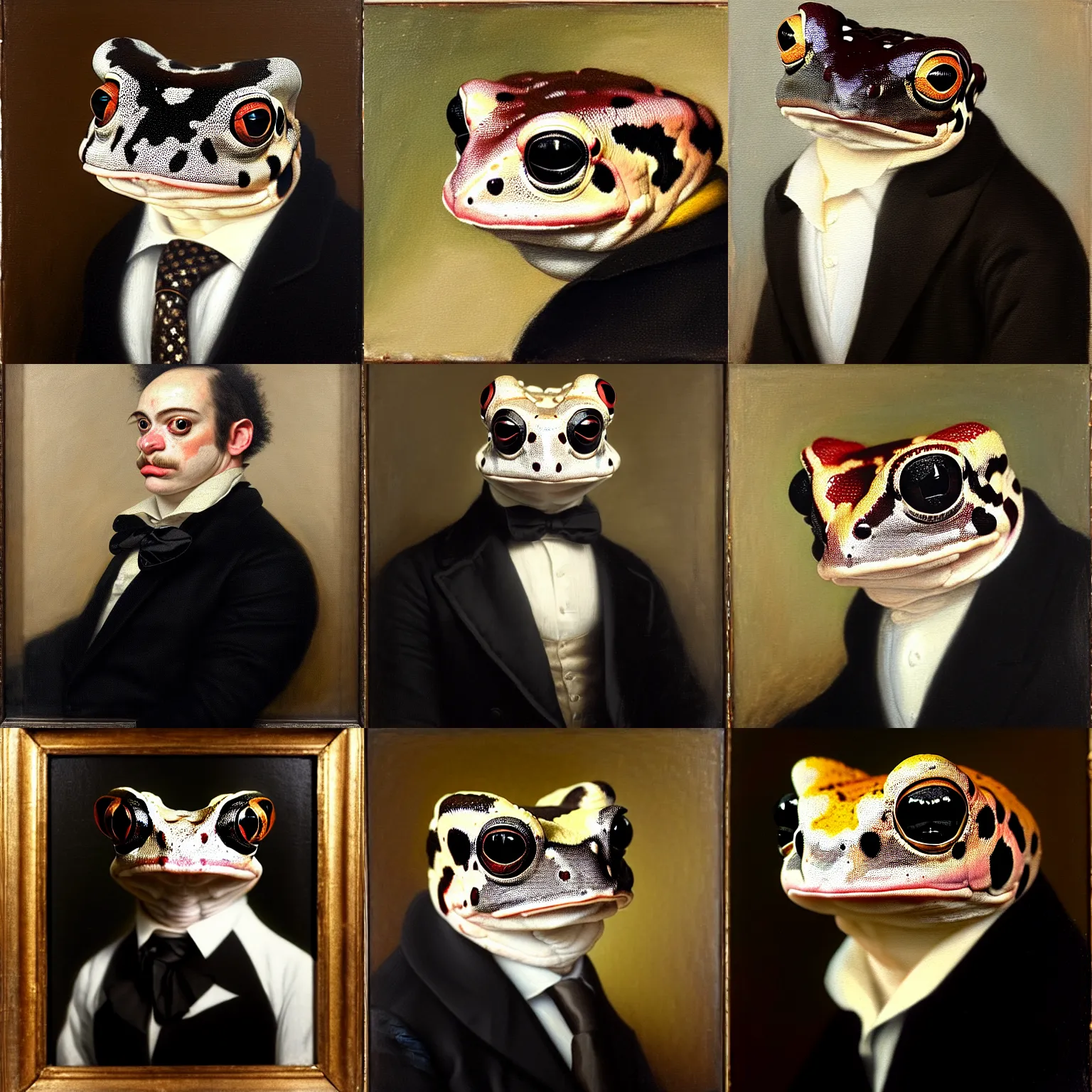 Prompt: a head - and - shoulders portrait of an amazon milk frog wearing a black buttoned jacket and white puff tie, an american romanticism painting, a portrait painting, cgsociety, soft focus, oil on canvas