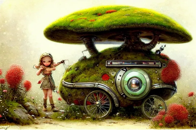 Prompt: adventurer ( ( ( ( ( 1 9 5 0 s retro future robot android mouse wagon in forrest of giant mushrooms, moss and flowers stone bridge. muted colors. ) ) ) ) ) by jean baptiste monge!!!!!!!!!!!!!!!!!!!!!!!!! chrome red