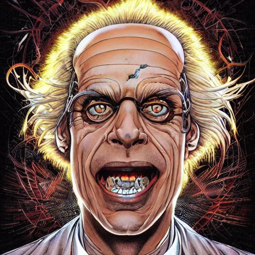 Image similar to portrait of crazy doc brown, symmetrical, by yoichi hatakenaka, masamune shirow, josan gonzales and dan mumford, ayami kojima, takato yamamoto, barclay shaw, karol bak, yukito kishiro