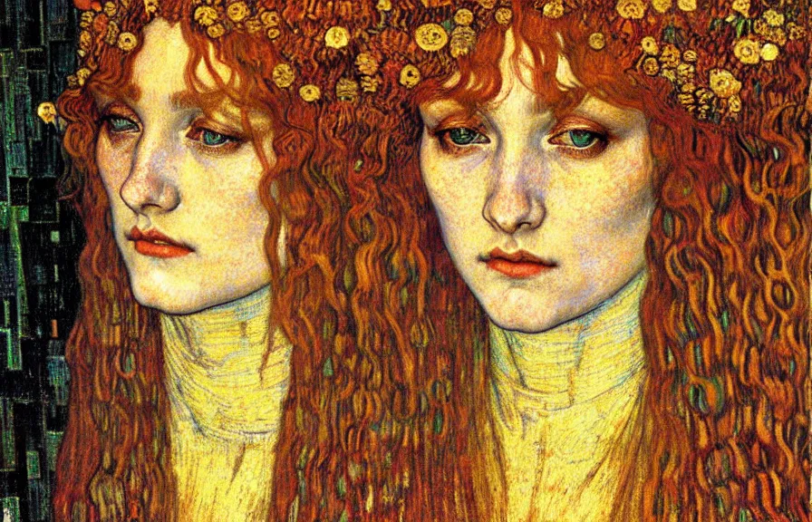 Image similar to detailed realistic beautiful young medieval queen face portrait by jean delville, gustav klimt and vincent van gogh, art nouveau, symbolist, visionary, gothic, pre - raphaelite, muted earthy colors, desaturated