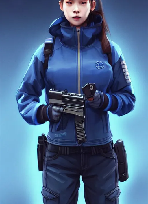 Prompt: full body portrait of a blue techwear uniform girl with guns. detailed face, concept art, digital art, intricate, highly detailed 8 k, smooth, sharp focus, beautiful and aesthetic shape of face and body, artgerm, artstation, art by zexi guo and nira and kafun and gharliera and rinotuna