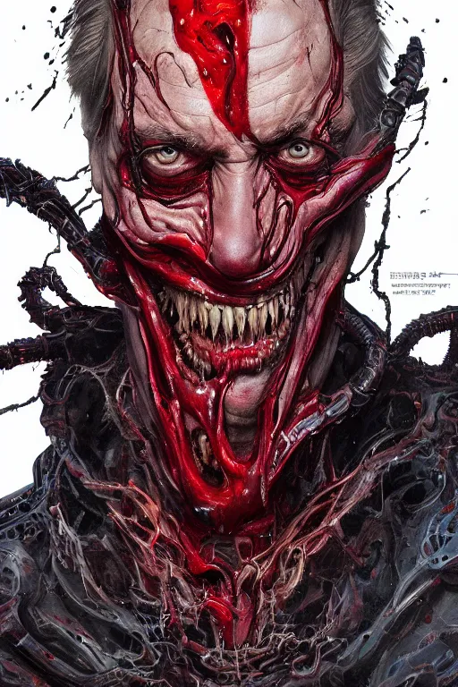 Prompt: Portrait of Steve Buscemi face as symbiote Carnage swallow it, red, marvel comics, dark, intricate, highly detailed, smooth, artstation, digital illustration by Ruan Jia and Mandy Jurgens and Artgerm and Wayne Barlowe and Greg Rutkowski and Zdislav Beksinski