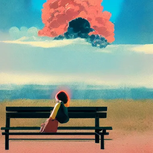 Prompt: girl sitting on a park bench, nuclear explosion in the background, nuclear bomb cloud, by conrad roset, by greg rutkowski, digital art