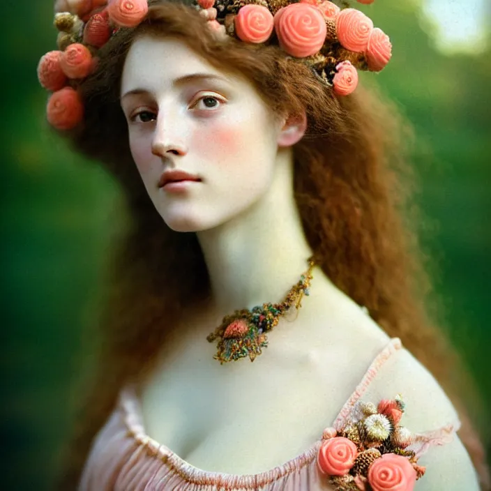 Image similar to Kodak Portra 400, 8K, soft light, volumetric lighting, highly detailed, britt marling style 3/4 ,portrait photo of a beautiful woman how pre-Raphaelites painter, n long elegant intricate ornamental ethereal coral and shells dress, natural skin tone, highly detailed realistic flowers ornament in the upper side of breast, bust with a long beautiful neck , long dark hair are intricate with highly detailed realistic coral and shells, elegant, Realistic, Refined, Highly Detailed, natural outdoor soft pastel lighting colors scheme, outdoor fine art photography, Hyper realistic, photo realistic