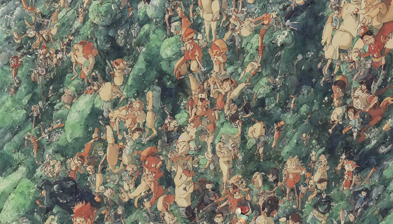 Image similar to land of the giants, larger than life, high detail, painting, watercolor, concept art, studio ghibli, by hayao miyazaki