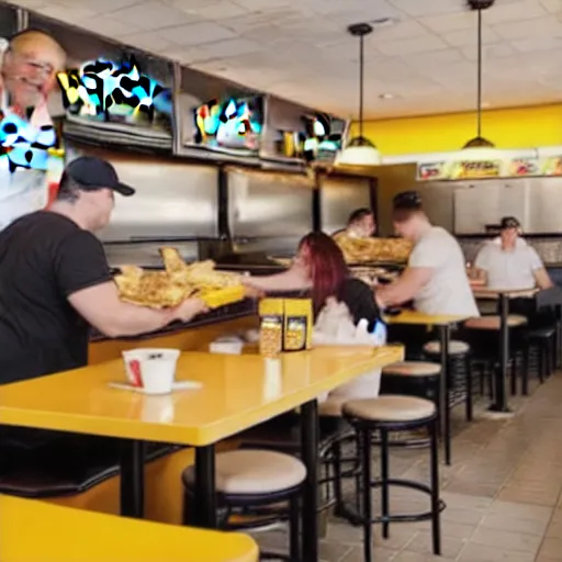 Image similar to busy wafflehouse interior with customers eating breakfast and wafflehouse employees serving food and cooking behind countertop