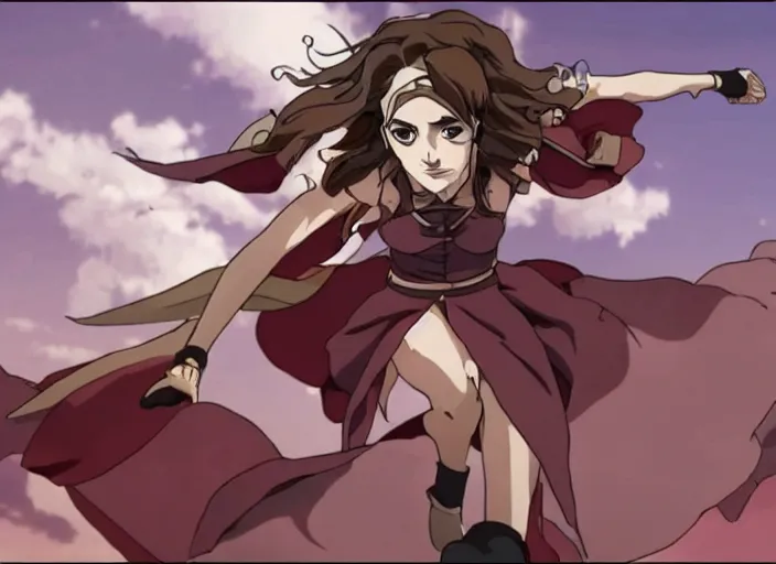 Image similar to emma watson flying screenshot from demon slayer 鬼滅の刃 anime gal gadot