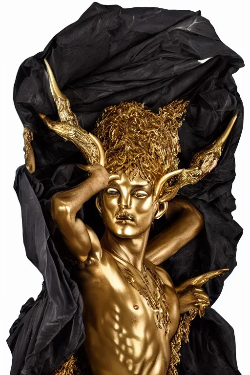 Image similar to a cinematic view of a ornated intricate mystic faun statue made by hedi xandt, chris haas and bernini, realistic, macabre art, partially covered by a wrapped black fabric veil, using few gold ornaments detailed image