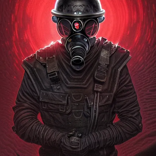 Prompt: commission of a man wearing a black helmet and a black gas mask,red glowing eyes,digital art,crazy detail,hyperdetailed,hyperrealistic,photorealistic,art by greg rutkowski,trevor henderson,artstation,deviantart,eerie,western comic style,comic,sharp lineart