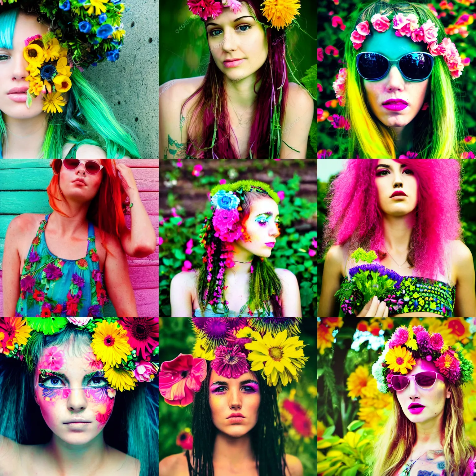 Prompt: beautiful portrait of a flowerpunk girl, summer vibrancy