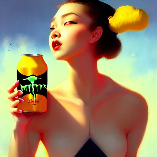 Image similar to girl drinks monster energy, organic painting, matte painting, bold shapes, hard edges, street art, trending on artstation, by huang guangjian and gil elvgren and sachin teng