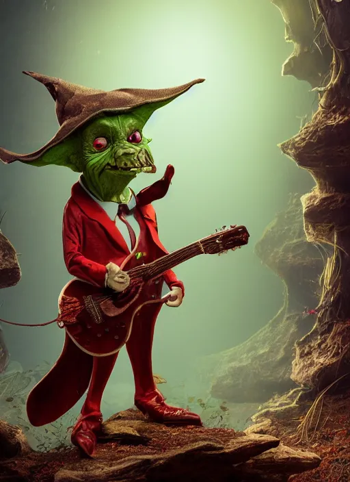 Image similar to a cute sharply dressed goblin playing a guitar, in the style of boris valejo and patrick woodroffe, fantastic, dramatic lighting, forest, hyperrealistic, detailed, octane render