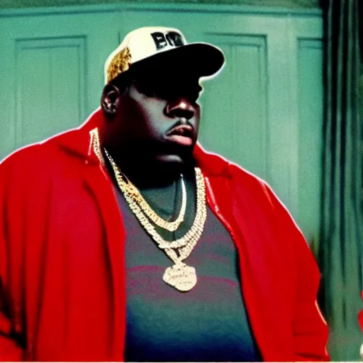 Prompt: still image of biggie smalls in movie paid in full, cinematic, aesthetically pleasing, vibrant,