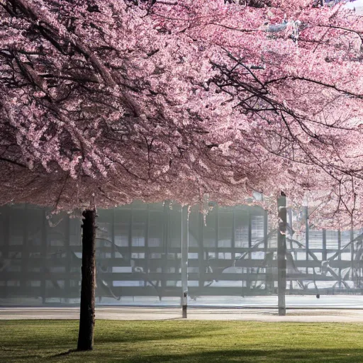 Prompt: volumetric hazy komorebi through cherry blossom trees in an industrial complex of organic architecture