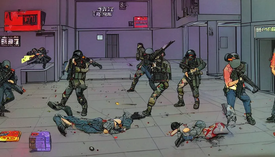 Prompt: 1988 Video Game Screenshot, Anime Neo-tokyo Cyborg bank robbers vs police, Set inside of the Bank Lobby, Multiplayer set-piece in bank lobby, Tactical Squad :9, Police officers under heavy fire, Police Calling for back up, Bullet Holes and Realistic Blood Splatter, :6 Gas Grenades, Riot Shields, Large Caliber Sniper Fire, Chaos, Anime Cyberpunk, Anime Bullet VFX, Anime Machine Gun Fire, Violent Action, Sakuga Gunplay, Shootout, :7 Inspired by Escape From Tarkov + Intruder + Akira + Guilty Gear Xrd :15 by Katsuhiro Otomo: 19