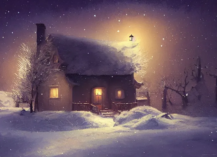 Image similar to snow - covered small house, night, stars in the sky, the milky way in the sky, winter landscape, painting by craig mullins, octane rendering, wide angle lens, in the style of hayao miyazaki, trending on artstation,