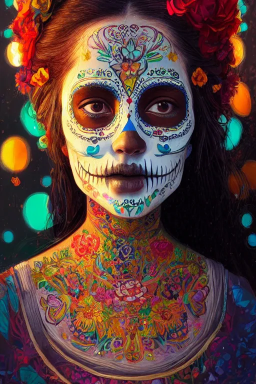 Image similar to portrait of mexican girl girl with colorful day of the dead patterns, staring directly into camera, intricate, elegant, glowing lights, highly detailed, digital painting, artstation, sharp focus, illustration, art by wlop, mars ravelo and greg rutkowski