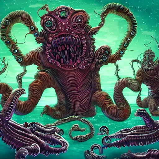 Image similar to creatures from beyond time and space surrounded by cosmic horror, lovecraftian monster, big tech corporate art style, memphis design