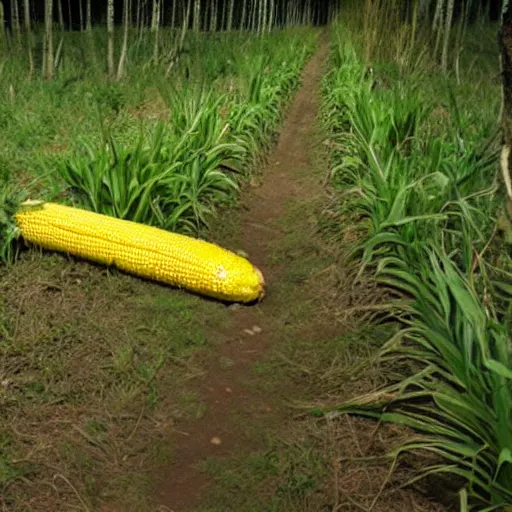 Image similar to giant corn on the cob, caught on nighttime trail cam footage, ominous