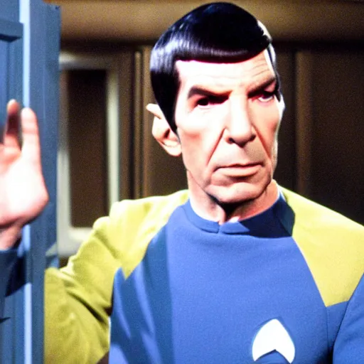 Prompt: color photo of mr spock exiting the tardis