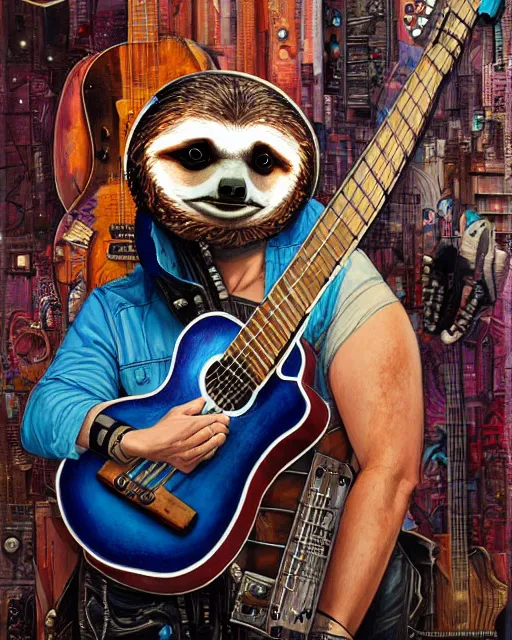 Image similar to a portrait of an anthropomorphic cyberpunk sloth strumming a 1 2 string acoustic guitar by sandra chevrier, by jon foster, detailed render, tape deck, epic composition, cybernetics, 4 k realistic, cryengine, realistic shaded lighting, sharp focus, masterpiece, by enki bilal