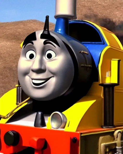 Image similar to Film still close-up shot of Dwayne Johnson as the Thomas the Tank Engine. Photographic, photography