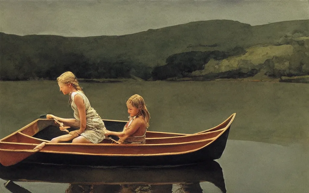 Prompt: “ a girl sitting in canoe on a river drinking beer, by andrew wyeth ”