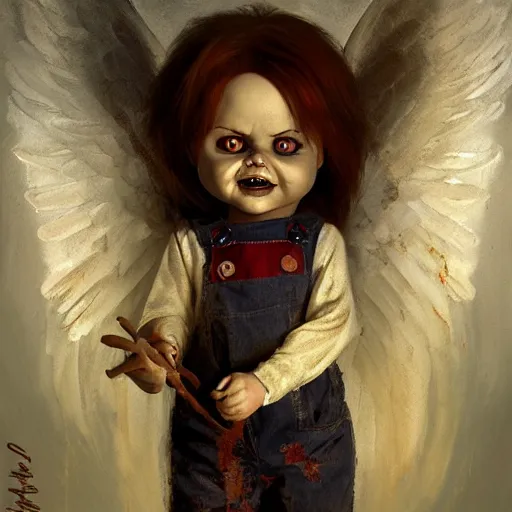 Prompt: the doll chucky as the angel seraphim according to the prophet isaiah, oil painting, by greg rutkowski