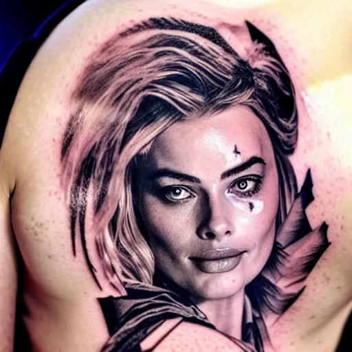 Image similar to double exposure tattoo design sketch of beautiful mountain scenery blend in margot robbie face, in the style of matteo pasqualin, amazing detail