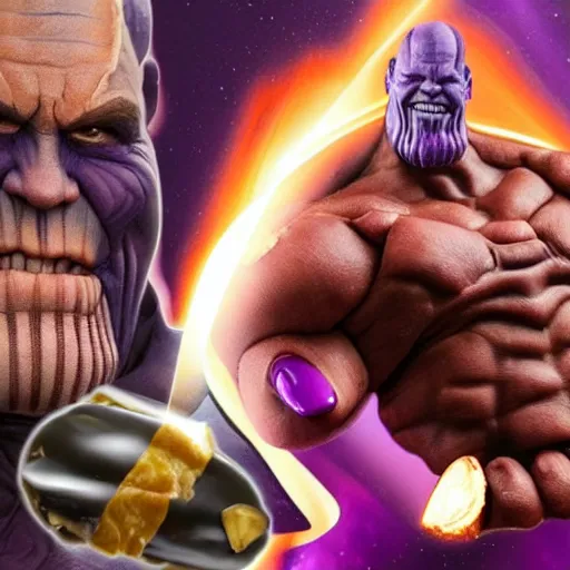 Image similar to Thanos breaks a snickers bar with a sly smile