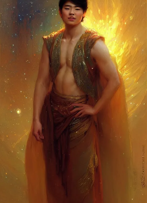 Image similar to young asian man, god of starlight, short flowing hair, modest flowing gown, smug expression, highly detailed painting by gaston bussiere, craig mullins, j. c. leyendecker 8 k, sparkling nebula