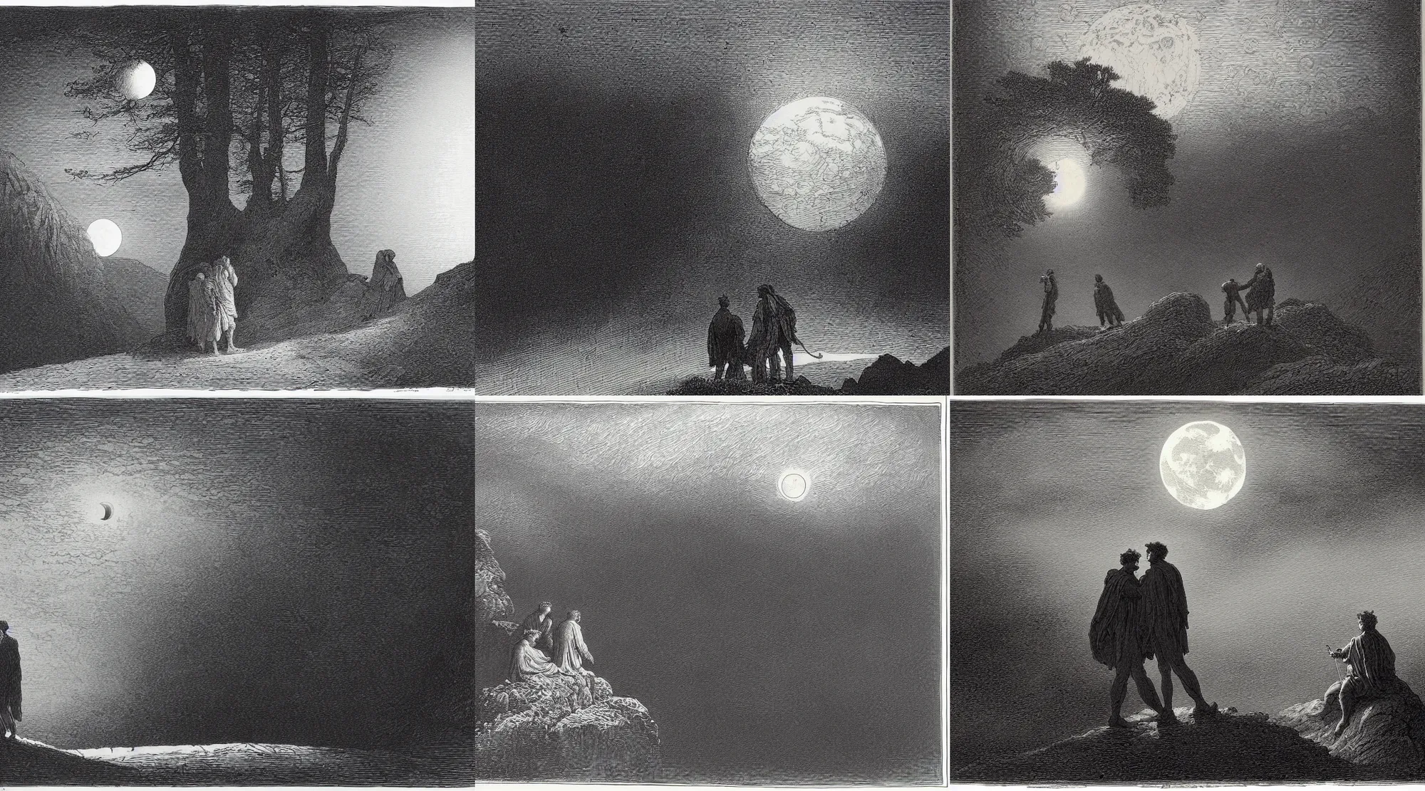 Prompt: an engraving of two men contemplating the moon by gustave dore, caspar david friedrich, romantic landscape, forest, crescent moon, highly detailed, strong shadows, depth, lithograph engraving