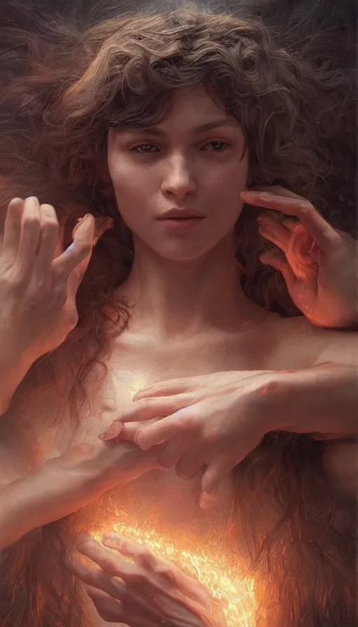 Image similar to epic masterpiece mila jovovic, sweaty skin, hyperrealistic, octane render, cinematic, beautiful face and flawless skin, perfect hands, 5 fingers, by Edgar Maxence and Ross Tran and Michael Whelan, Legends of Runeterra