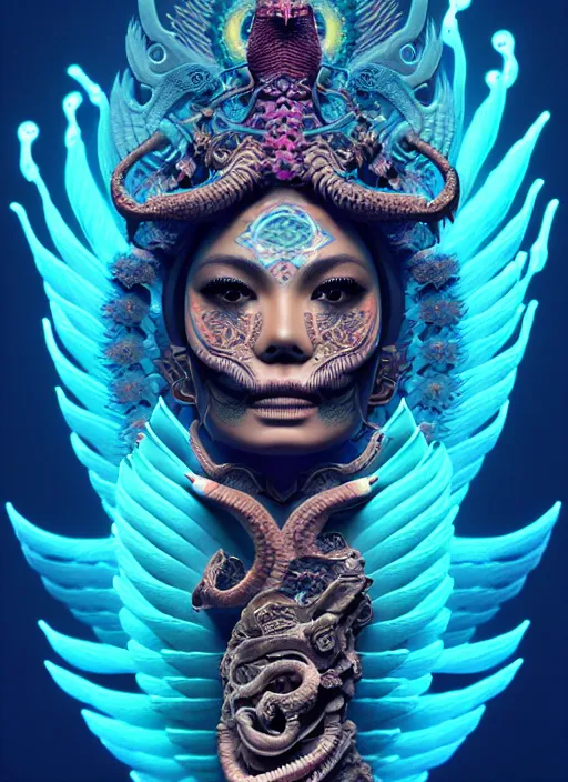 Image similar to 3 d goddess with tattoos profile portrait, sigma 5 0 0 mm f / 5. beautiful intricate highly detailed quetzalcoatl skull and feathers. bioluminescent, plasma, lava, ice, water, wind, creature, thunderstorm! artwork by tooth wu and wlop and beeple and greg rutkowski, 8 k trending on artstation,