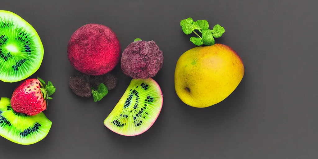 Image similar to spores and mold on a colorful fruit, ultra realistic with black background. shiny. photograph 50mm. medium format. isometric. volume. global illumination. bloom