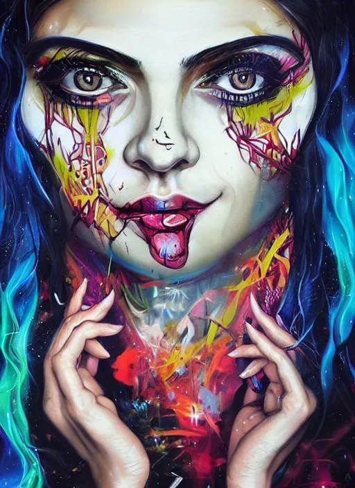 Image similar to gorgeous magic cult psychic woman smiling, third eye, subjective consciousness psychedelic, epic surrealism expressionism symbolism, story telling, iconic, dark robed, oil painting, symmetrical face, dark myth mythos, by Sandra Chevrier, Harumi Hironaka masterpiece