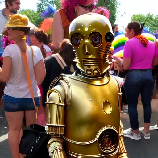 Prompt: c 3 po at a pride festival