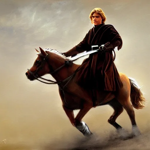 Image similar to anakin skywalker riding a pony, cinematic painting